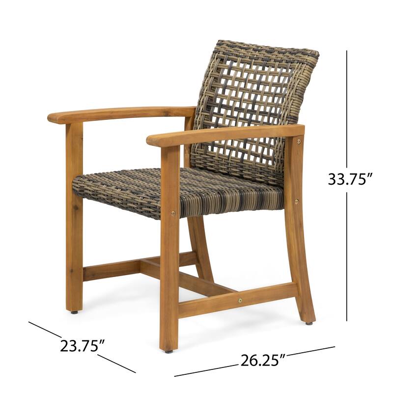 2pc Hampton Dining Chair Set Natural Stained Acacia Wood and PE Rattan Outdoor Patio Furniture 33in
