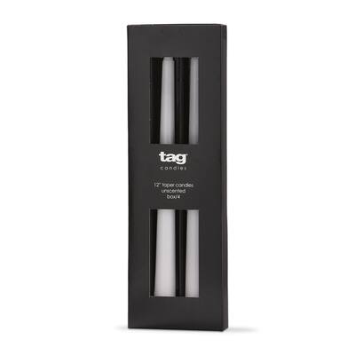 Color Studio 12" Traditional Taper Unscented Smokeless Paraffin Wax Candle White, Set of 4, Burn Time 8 hrs.