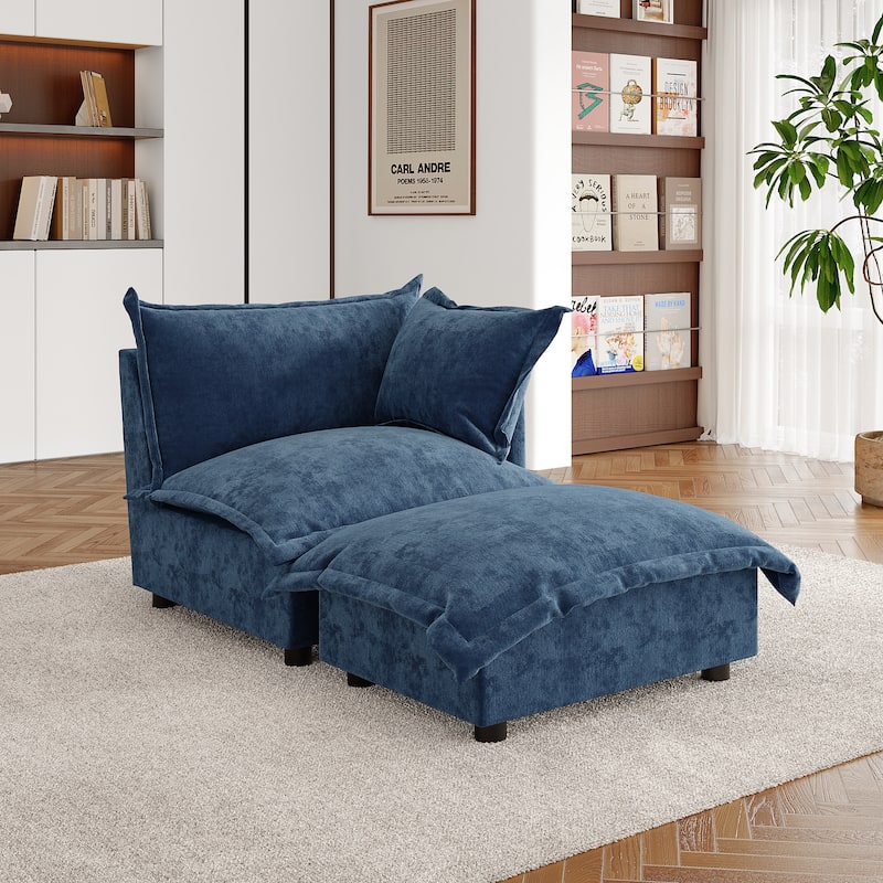Double Layer Cushion Comfy Cloud Modular Sectional Sofa Set - Corner Sofa+Ottoman-Navy - Right Facing