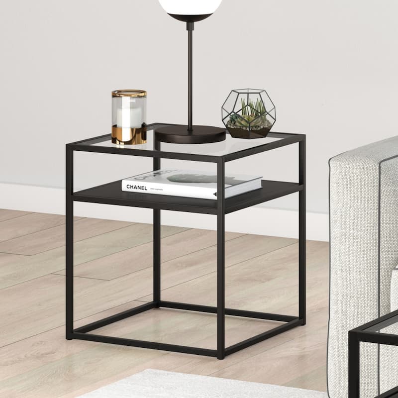 22" Black And Clear Glass And Steel Square End Table With Shelf - 20" x 20" x 22"
