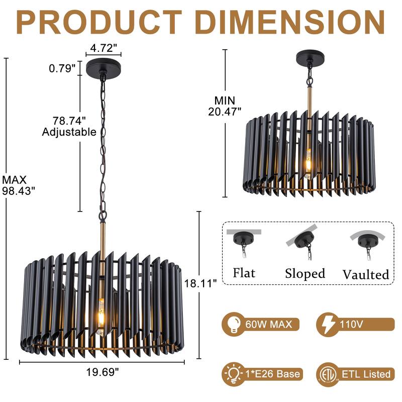 Modern Industrial Black Slatted Drum Pendant Light Fixture - Dia.19.69-in