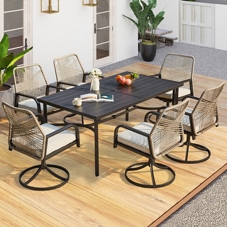 Versatile Outdoor Dining Sets w Swivel/Folding Chairs & Steel Slat Table and HDPE Dining Table Set for Gardens, Patios