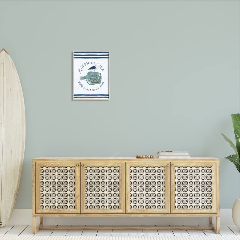 Stupell Ship In Bottle Seagull Striped Nautical Phrase Framed Wall Art, Design by Raquel Maciel - Blue