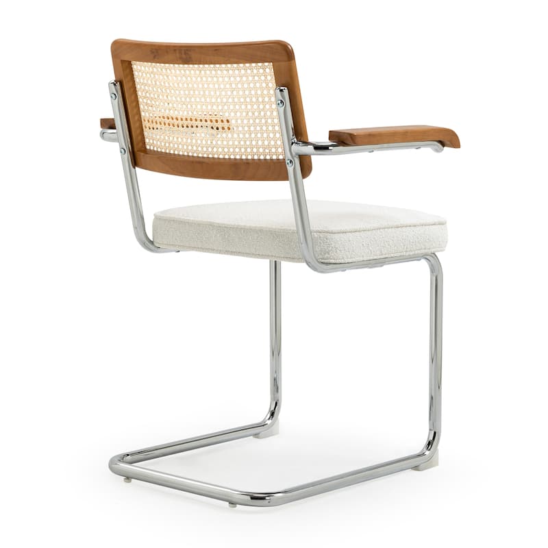 Set of 2 Azra White Boucle Dining Chair with Rattan Backrest and Chrome Legs
