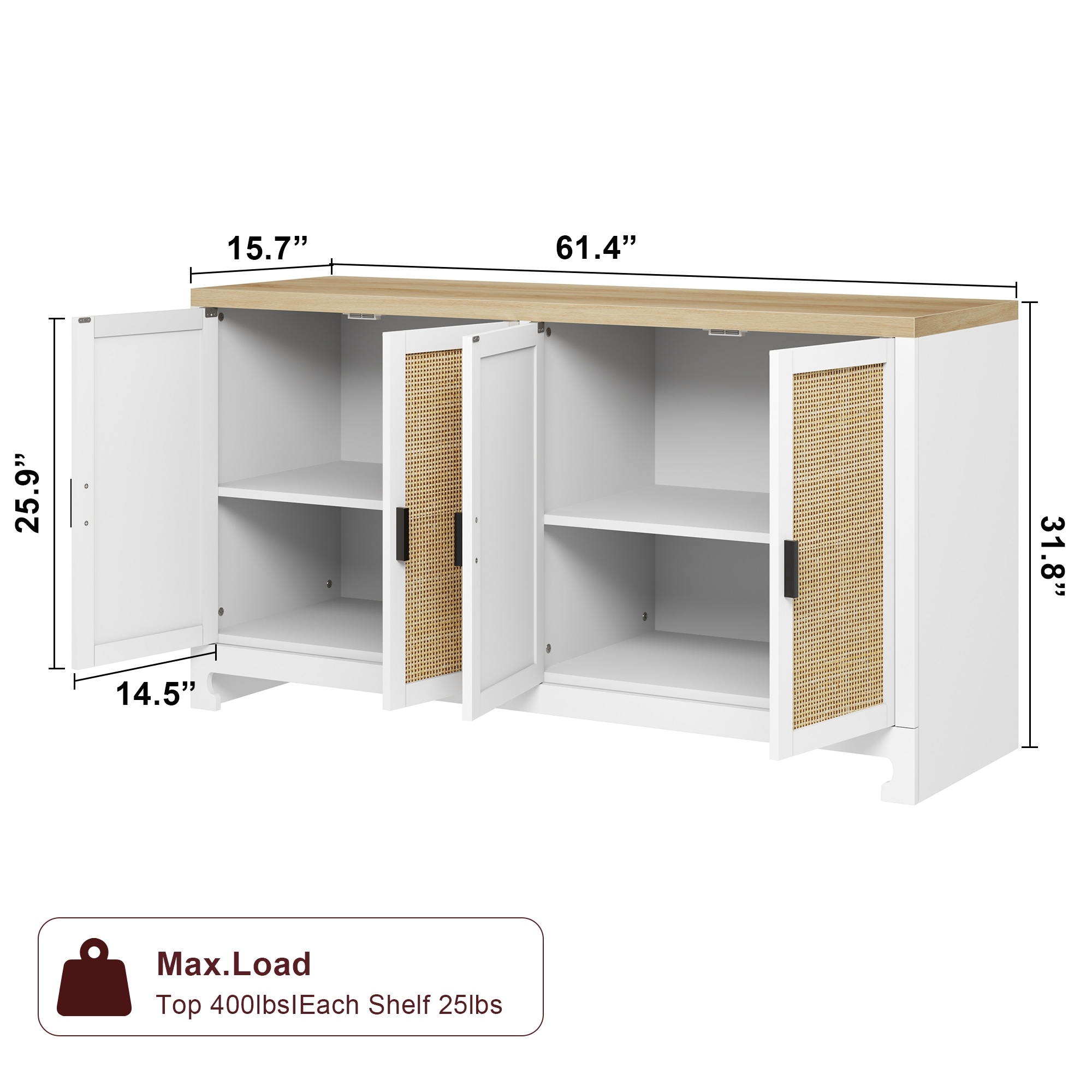 Rattan Buffet Storage Cabinet with 4 Doors and Shelf - N/A