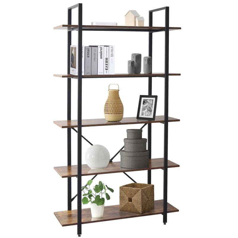 70 in. Industrial 5-Shelf Wood Bookshelf in Brown Finish with Open Back