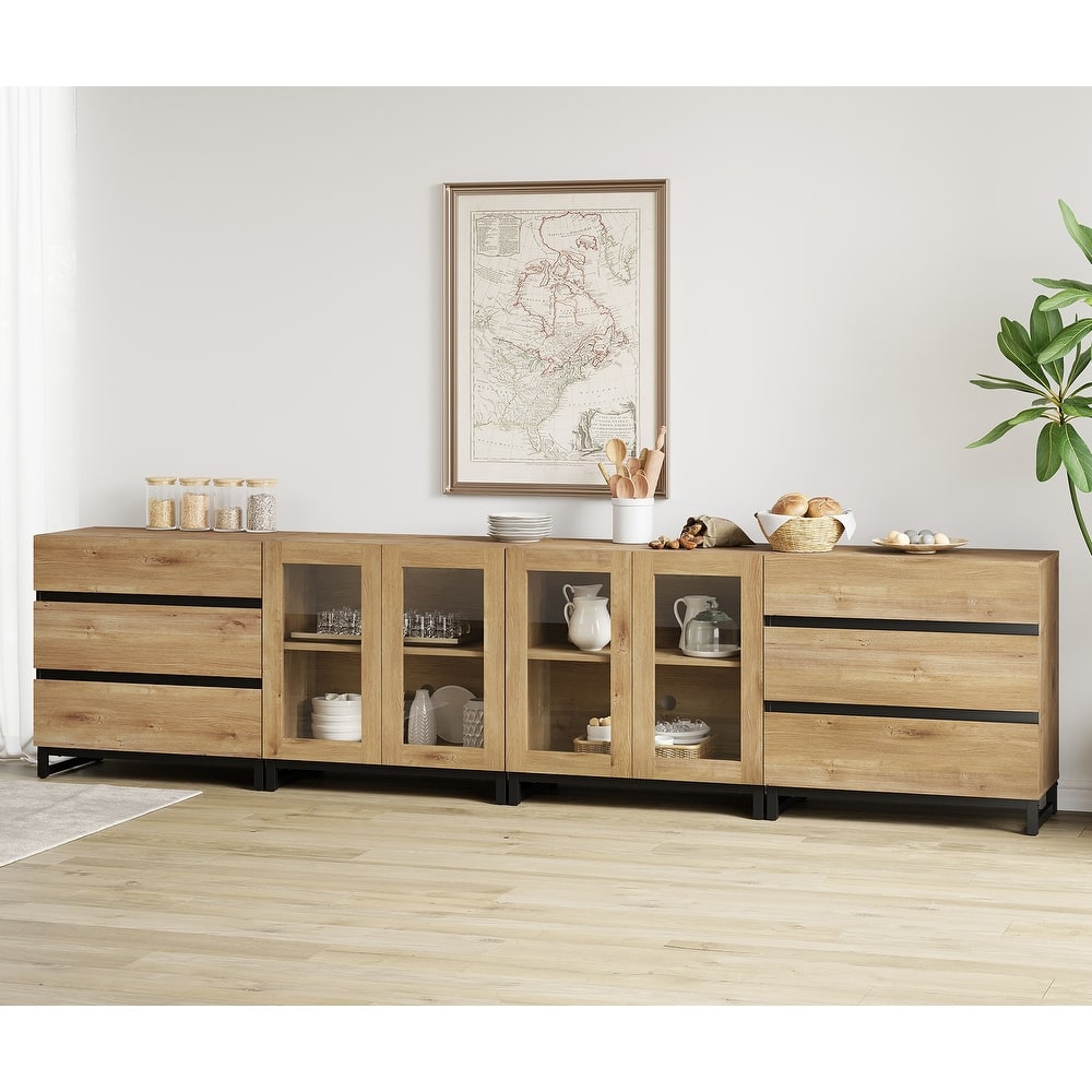 4 in 1 Storage Cabinet with 6 Drawers & Glass Doors, Modern Sideboard Credenza with Adjustable Shelves, Coffee Bar for Kitchen