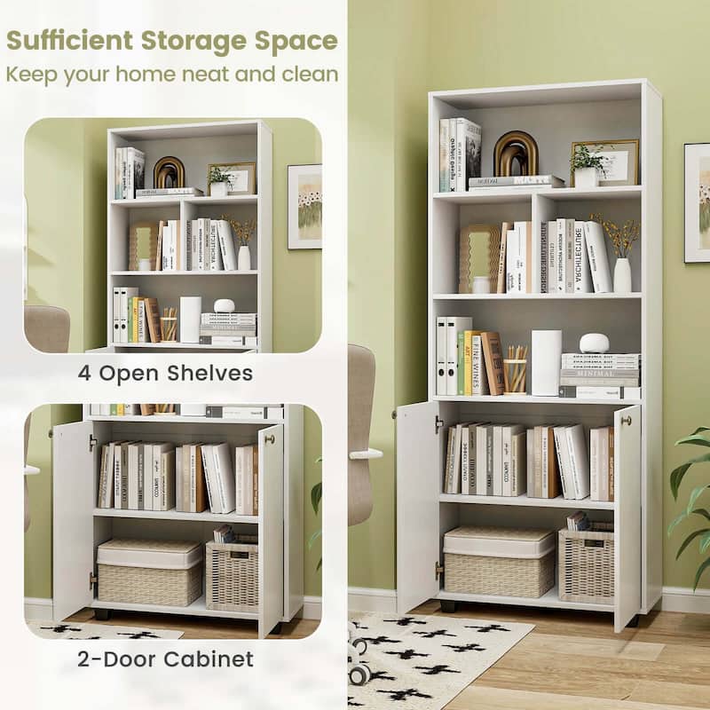 Costway 66" Tall Home 5 Tier Free Standing Bookshelf 2-Door Storage - See Details