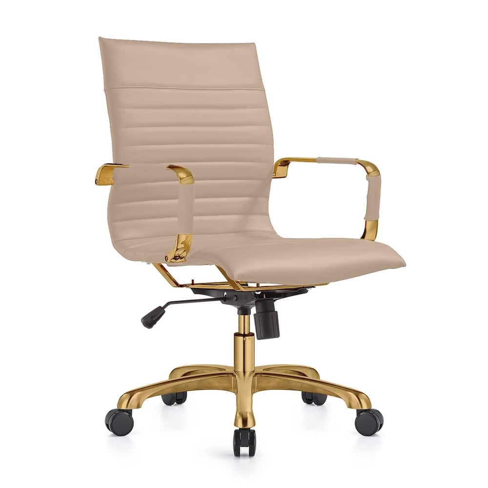 Harris Modern Mid-Back Leather Office Chair with Gold Frame, Padded Seat, Adjustable Height, 360° Swivel and Rolling Casters