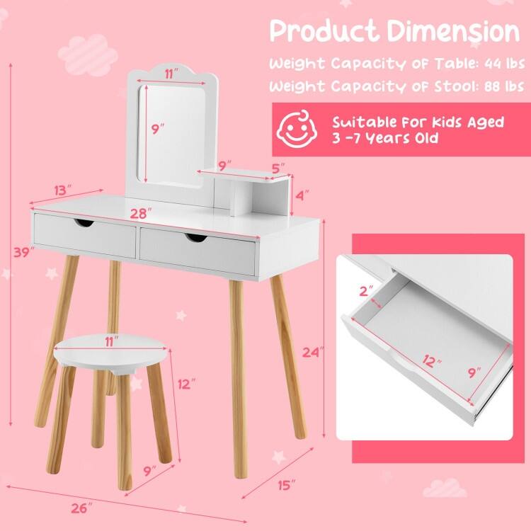 Children's Vanity Table and Chair Set with Mirror and 2 Spacious Storage Drawers - N/A