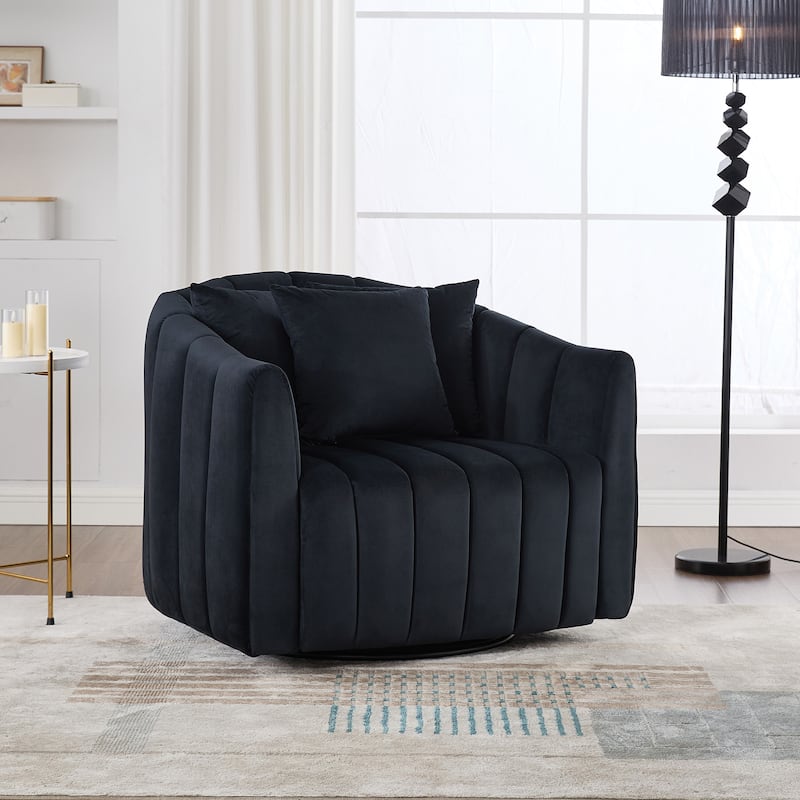 40.35"W Upholstered Oversized 360° Swivel Accent Barrel Chair and Half Cozy Sofa with 3 Pillows, Tufted Pumpkin-Shape Armchair - Black