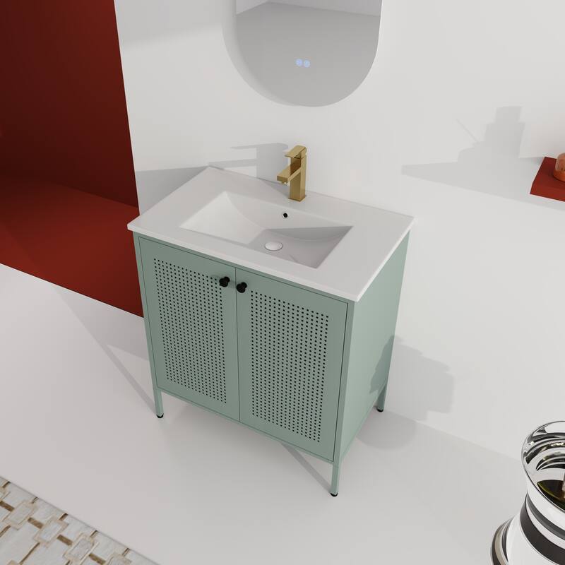 Freestanding Bathroom Vanity with Ceramic Sink, Adjustable Shelves, Cold Rolled Steel Cabinet, Double Door Design, Modern Style