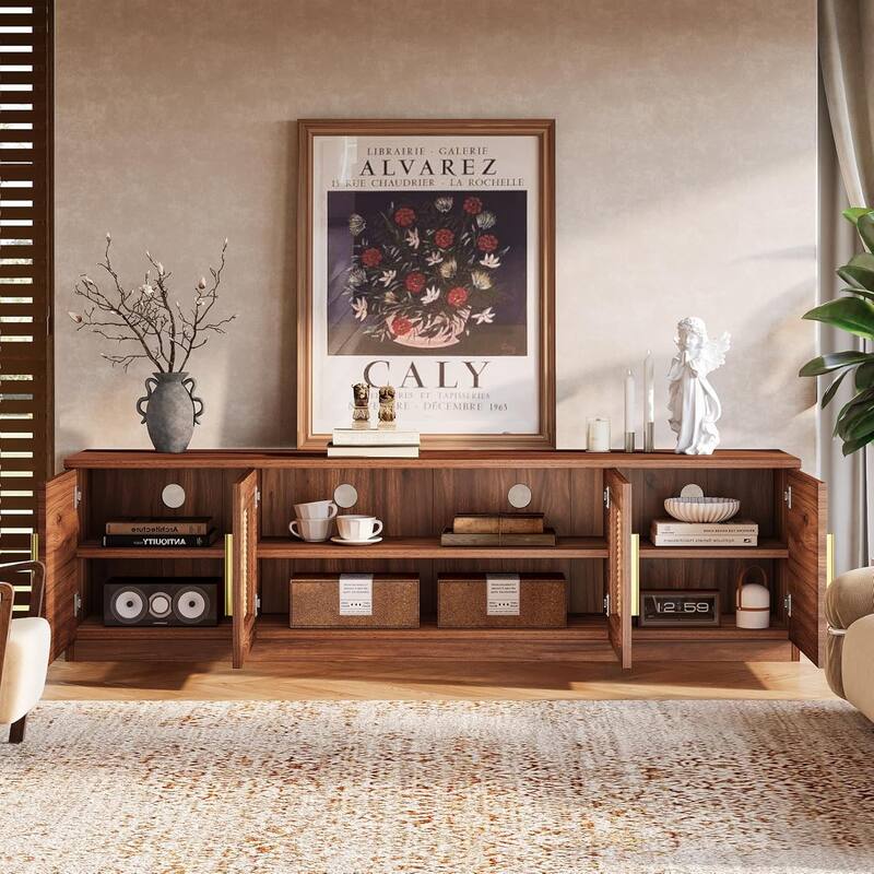70.9" Mid Century Modern TV Stand, Entertainment Center with 6-Tier Storage Shelf