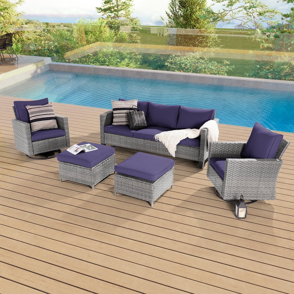 BONOSUKI 5-Piece Outdoor Brown/Gray PE Wicker Patio Conversation Sets, Swivel Rocking Sofa Set with Cushions and Ottomans