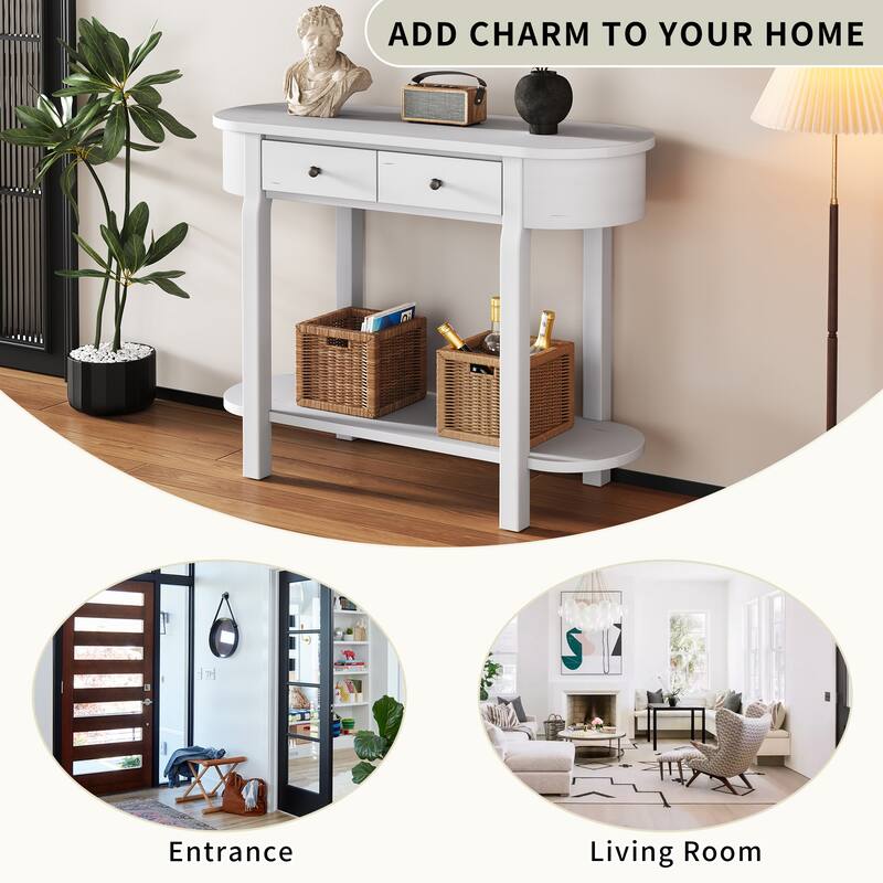 Curved Console Table with 2 Storage Drawers and Metal Handles, Wooden Hallway Tables Entryway Table wOpen Storage Shelf