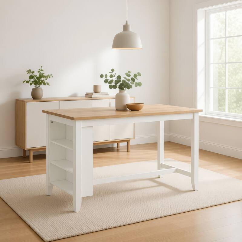 Gasy Counter Height Dining Table, 60 Inch White Brown Mango Wood