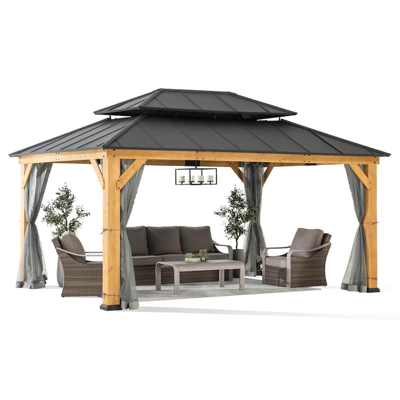 Sunjoy Outdoor Cedar Wood Frame Patio Gazebo Steel Hardtop
