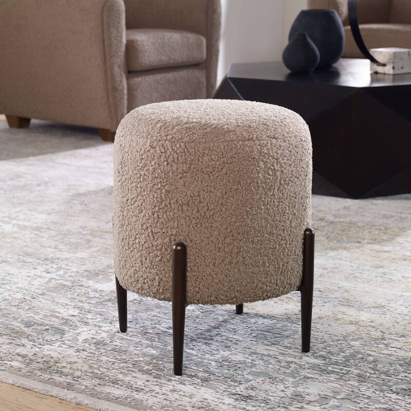 Faux Shearling Plush Ottoman with Metal Legs - 18" - Latte Brown