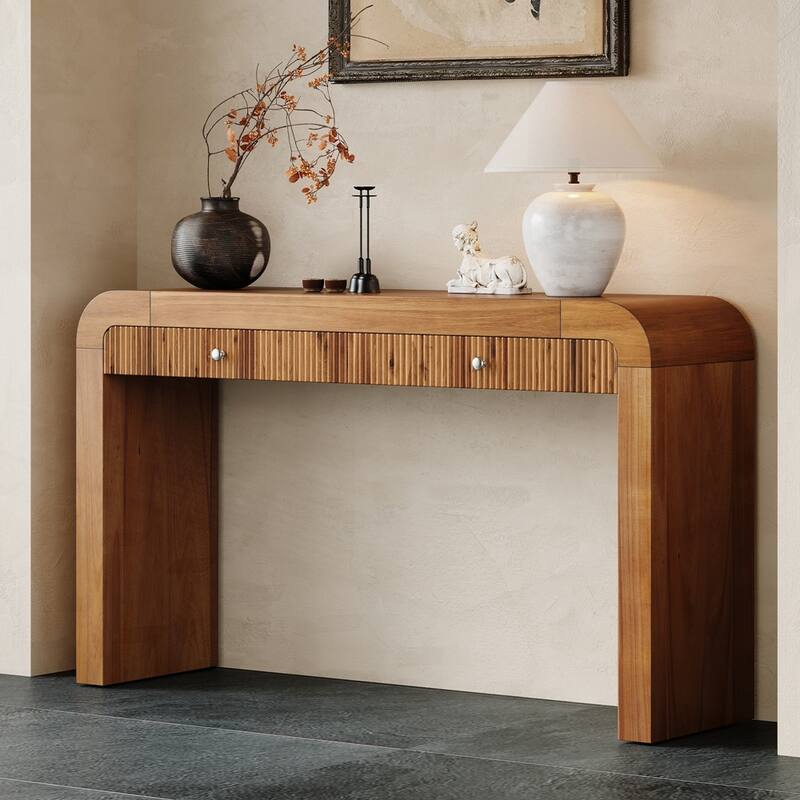 Curved Corners Rustic Console Table with Fluted Drawer Front
