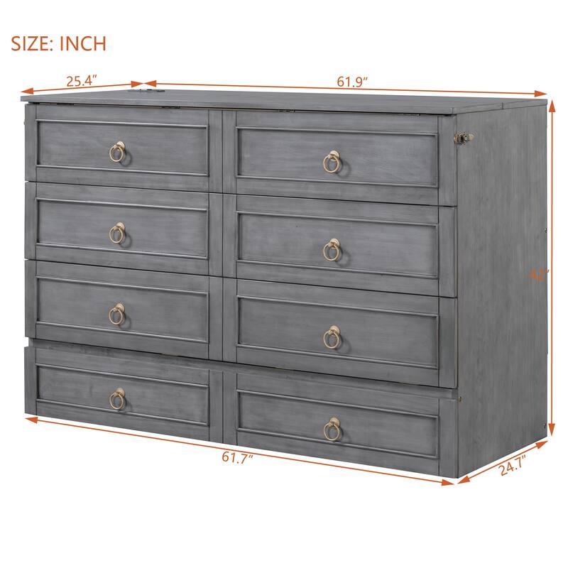 Queen Size Murphy Bed Storage Drawers & Elegant Rattan Front - Foldable Space-Saving Solution