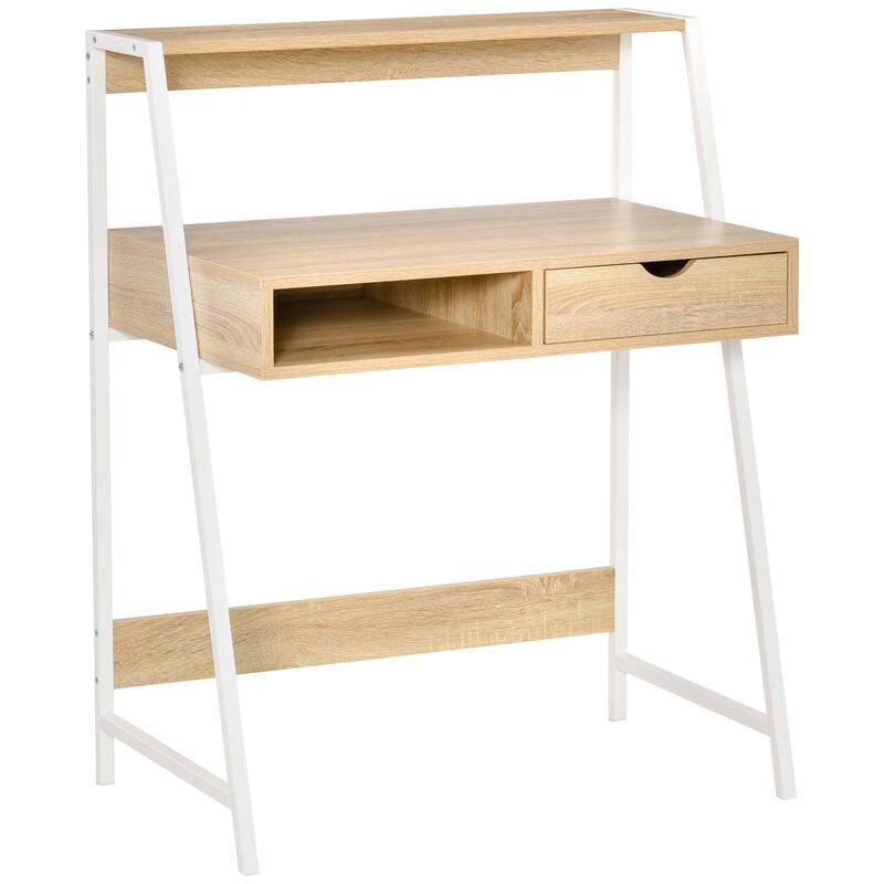 HOMCOM Computer Desk for Small Spaces, School Student Desk Study Writing Desk, Small Corner Desk with Drawer and Storage Shelves