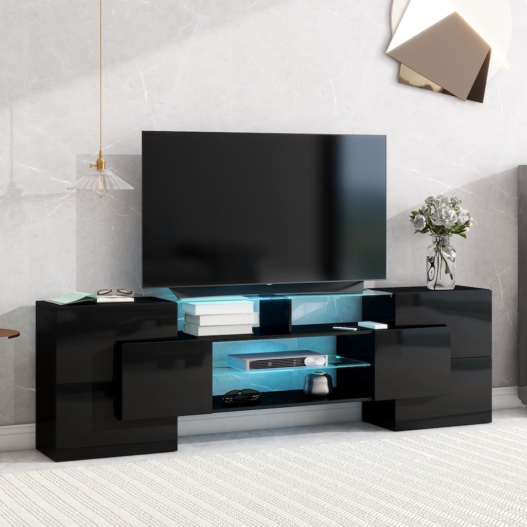 LED TV Stand 78" High Gloss Entertainment Center with 2 Open Glass Shelves, Unique Shape TV Console TV Cabinet for 60/65/80" TV