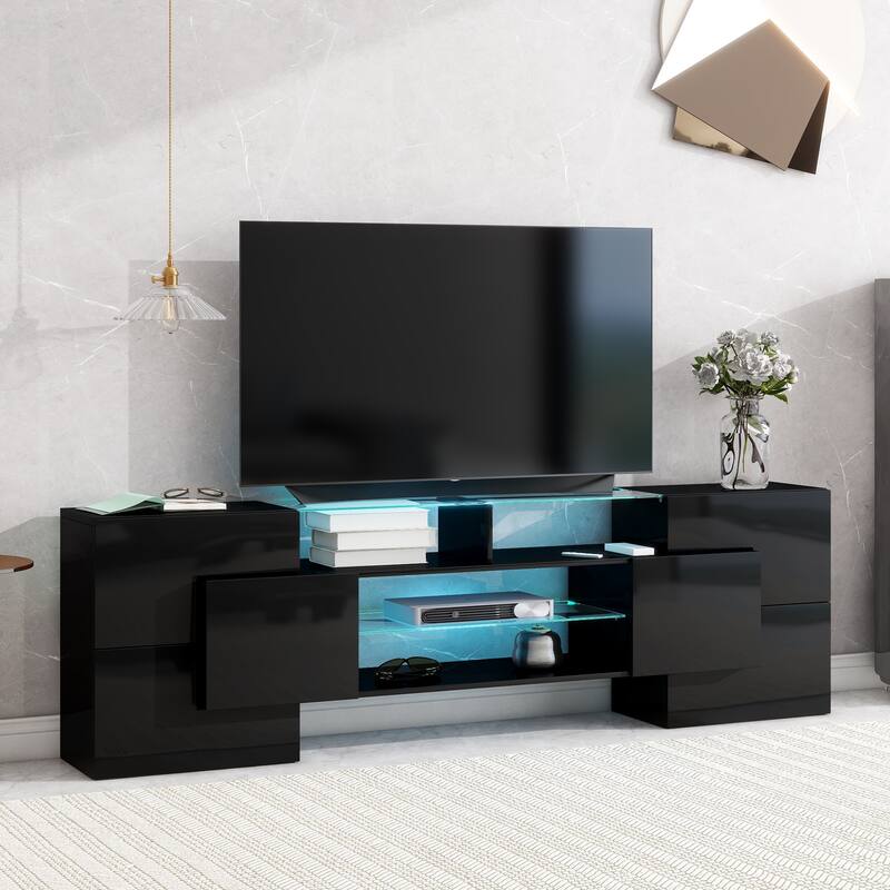 ON-TREND Unique Shape TV Stand with 2 Illuminated Glass Shelves, High Gloss Entertainment Center for TVs Up to 88", Versatile TV