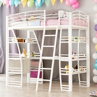 Twin Size Loft Bed with 4 Layers of Shelves and L-shaped Desk,Stylish Metal Frame Bed with a set of Sockets,USB Ports,White