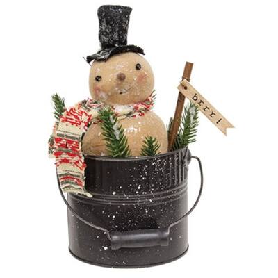 Winter Snowman Accent Decor in Black Metal Bucket with Plush Body and Glitter Flecks Twig Sign - 9" H x 4.5"Dia