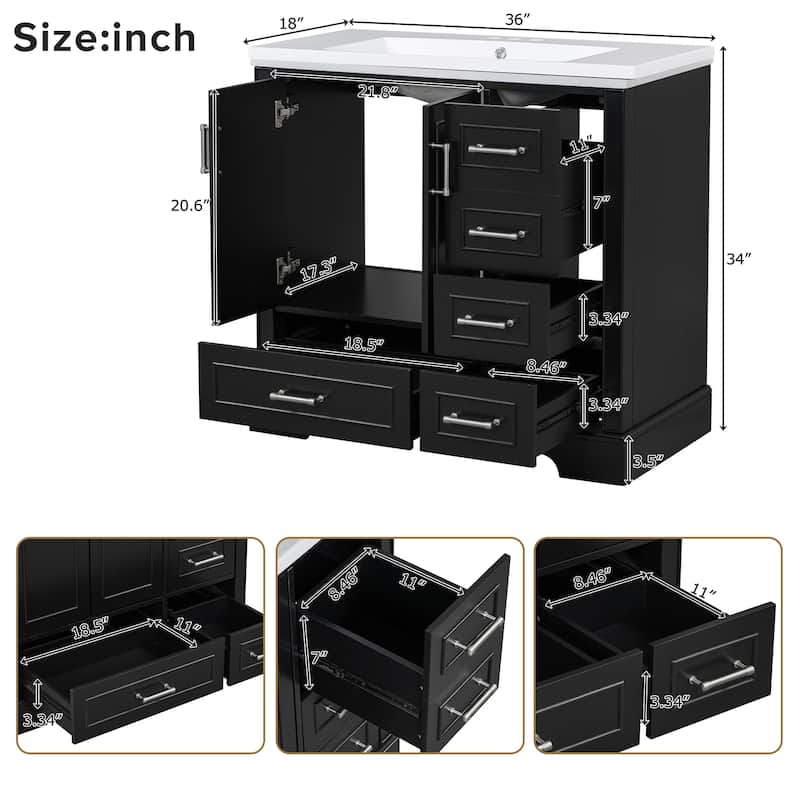 36 inch MDF Freestanding Bathroom Vanity Set with Integrated Ceramic Sink - 36" x 18" x 34"