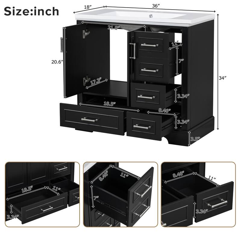 36-inch Traditional Bathroom Vanity with Resin Sink Combo Set, Black Bathroom Cabinet with Two Doors and Four Drawers，Black