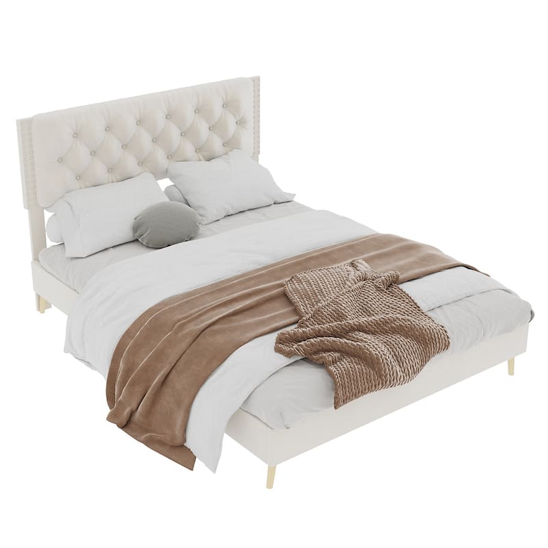Beige Queen Size Platform Bed Frame with Upholstered Headboard