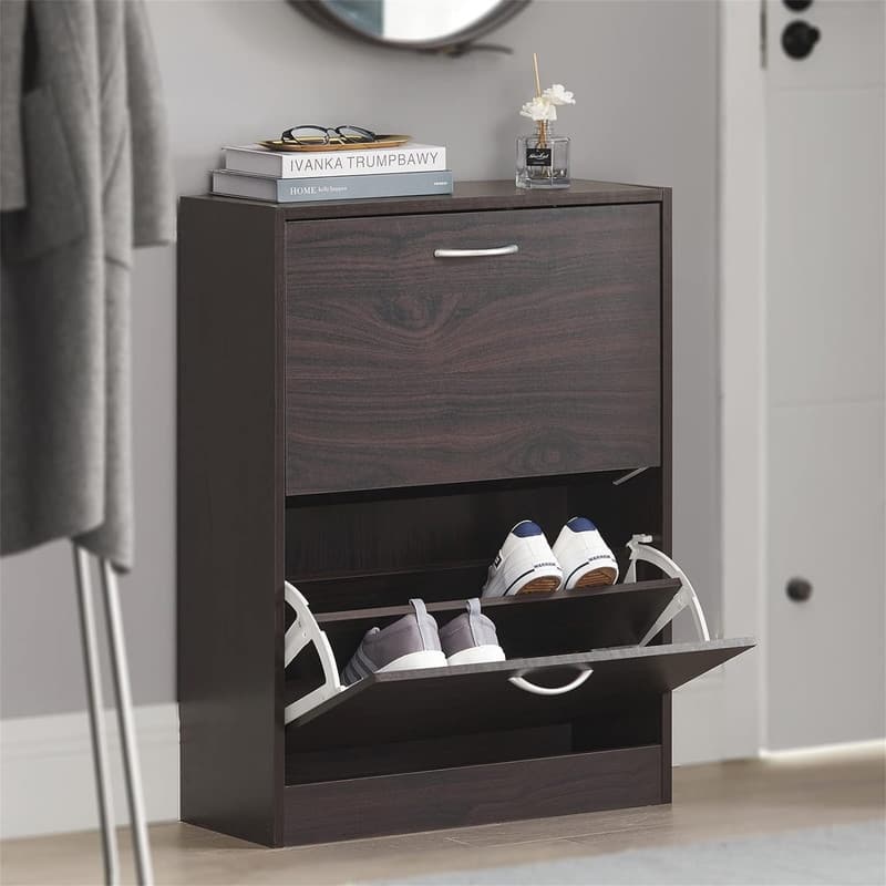 Brown Shoe Cabinet with 2 Flip-Drawers - 9.4"D x 23.6"W x 31.5"H
