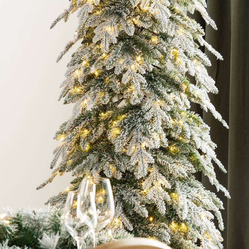 Glitzhome Pre-Lit Flocked Pencil Spruce Artificial Christmas Tree with Warm White Lights