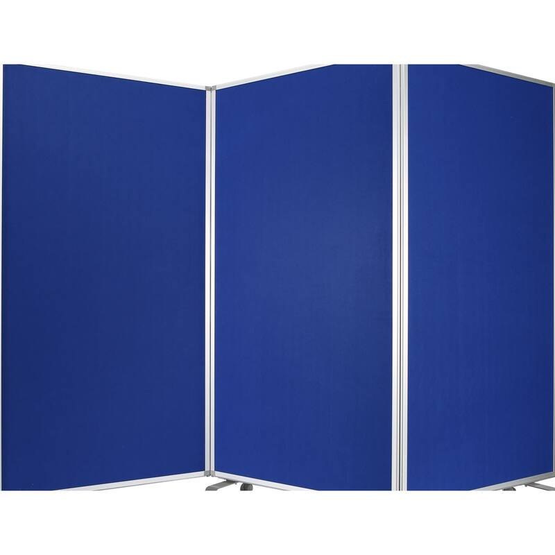 Accordion Style Fabric Upholstered 3 Panel Room Divider, Blue and Gray