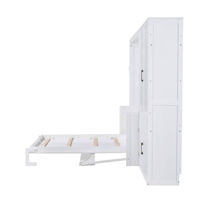 Queen Size Wall Bed with Built-In Closet and Hydraulic Lift System, White