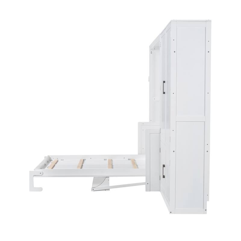 Roomfitters Queen Size Murphy Bed with Closet, Hydraulic Lift Wall Bed with Storage Cabinet, White