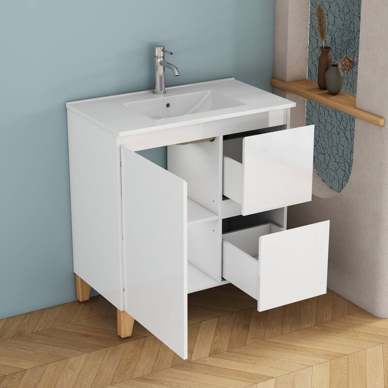 30" Wall-Mounted Bathroom Vanity With Ceramic Art Sink & 2-Soft-Close Door, KD-Packing, Plywood