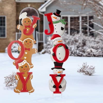 Glitzhome Metal "JOY" Snowman or Gingerbread Man Yard Stake
