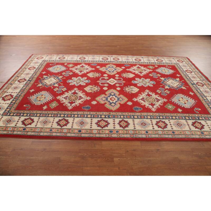 Red Geometric Kazak Living Room Area Rug Handmade Wool Carpet - 6'7" x 9'11"