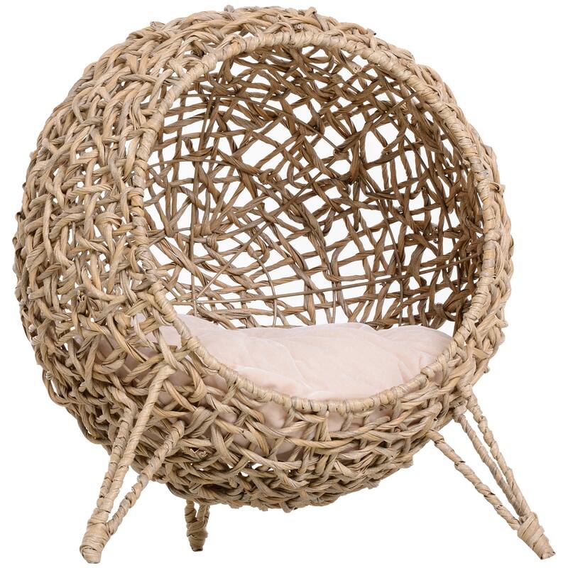 PawHut 20.5" Weaved Cat Bed, Elevated Hand-woven Braided Banana Leaf Kitten House Condo with Cushion, Beige - Beige