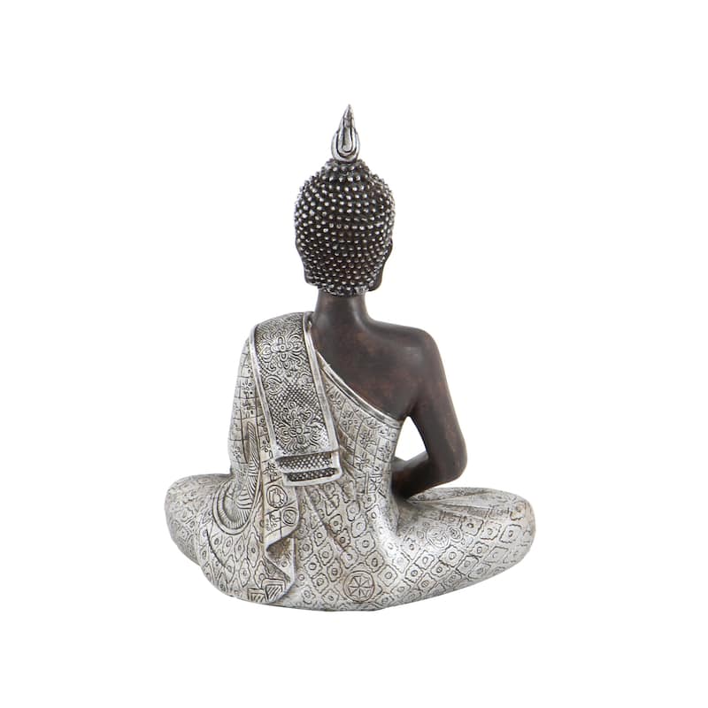 Silver Polystone Meditating Buddha Decorative Sculpture with Engraved Carvings and Relief Detailing