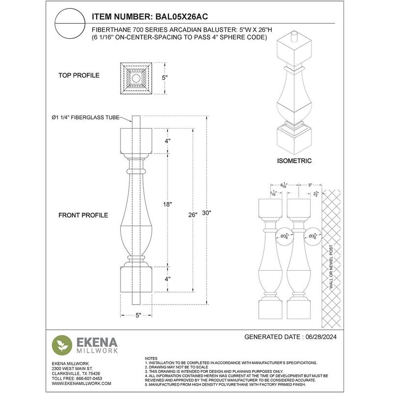 Fiberthane 700 Series Arcadian Baluster, Factory Primed
