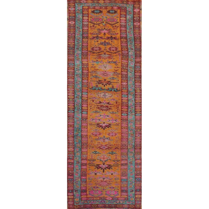 Hand Knotted Oriental 100% Wool Carpet Traditional Geometric Oranges & Rust Shiraz Runner Rug - 11' 0'' X 3' 3''