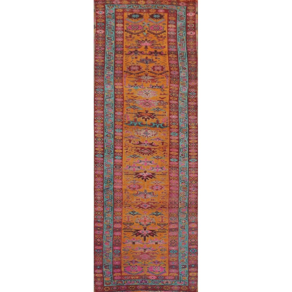 Hand Knotted Oriental 100% Wool Carpet Traditional Geometric Oranges & Rust Shiraz Runner Rug - 11' 0'' X 3' 3''