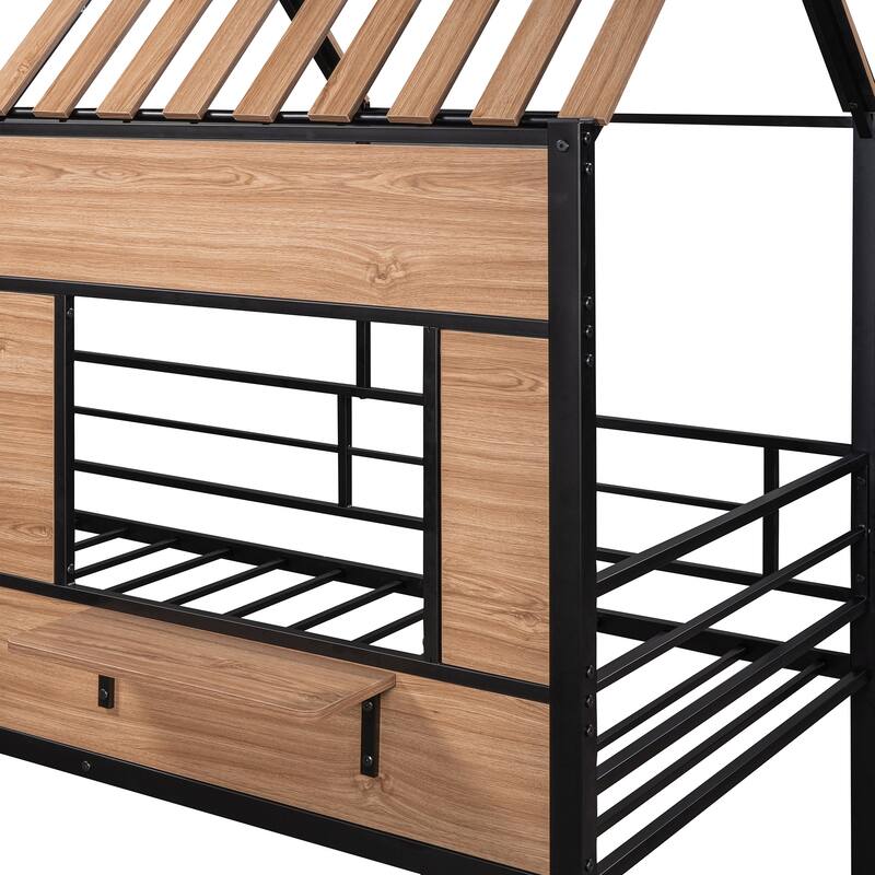 House-Shaped Metal Loft Bed with Roof, Window, Guardrail, and Ladder