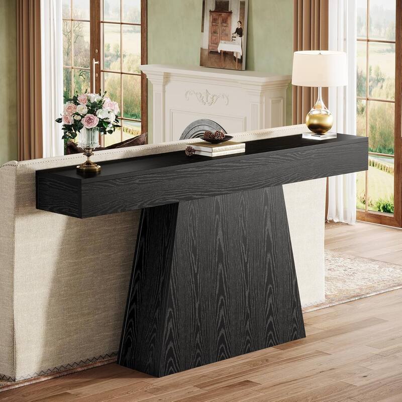 Black Console Table, 63 Inches Farmhouse Entryway Table with Trapezoidal Base