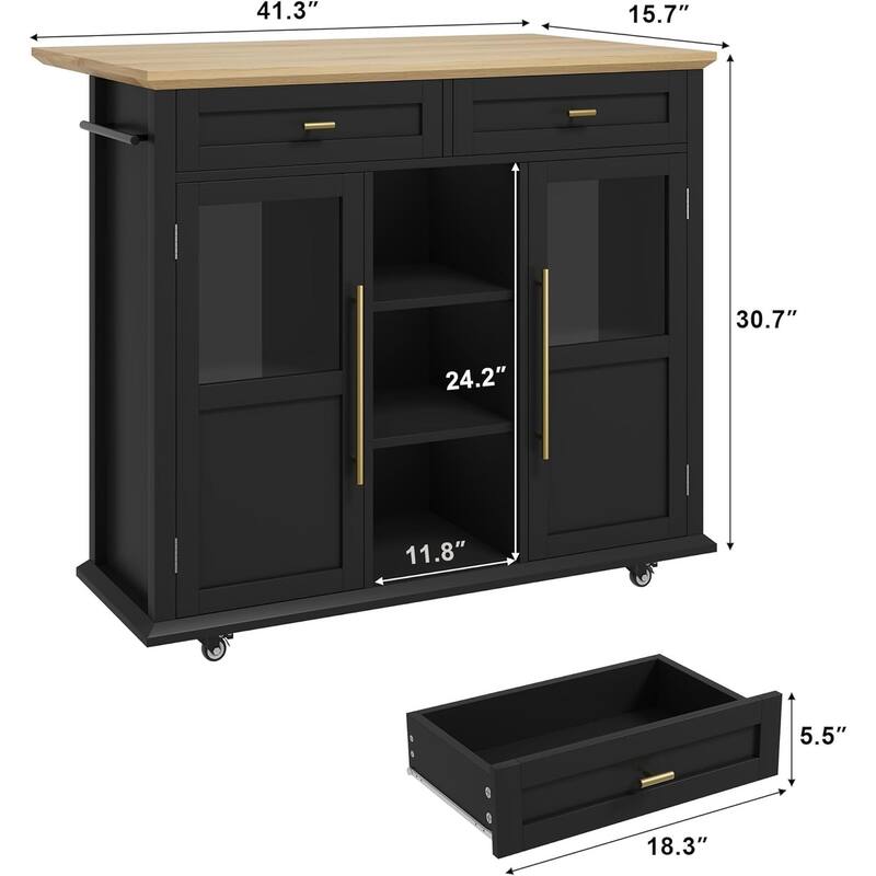 Kitchen Island, Rolling Kitchen Island Cart On Wheels With Widen Drop Leaf Top, 2 Glass Doors, Spice Rack & Towel Holder