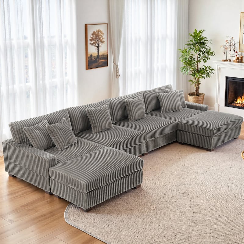 Anne 150" W Upholstered Plush Corduroy Modular Sectional Sofa