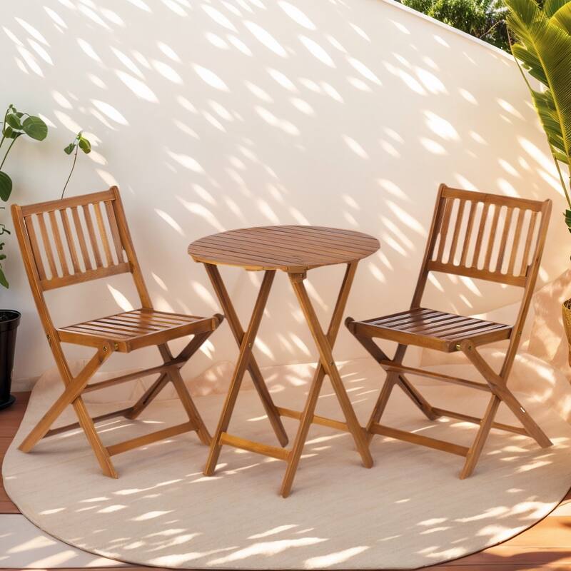Acacia Wood Bistro Set with 2 Folding Chairs & Round Table, 3-Piece